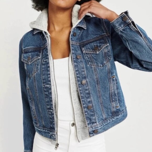 Abercrombie & Fitch Jacket hooded layered denim 2 in 1 womens Gray Blue (medium) - Picture 1 of 7